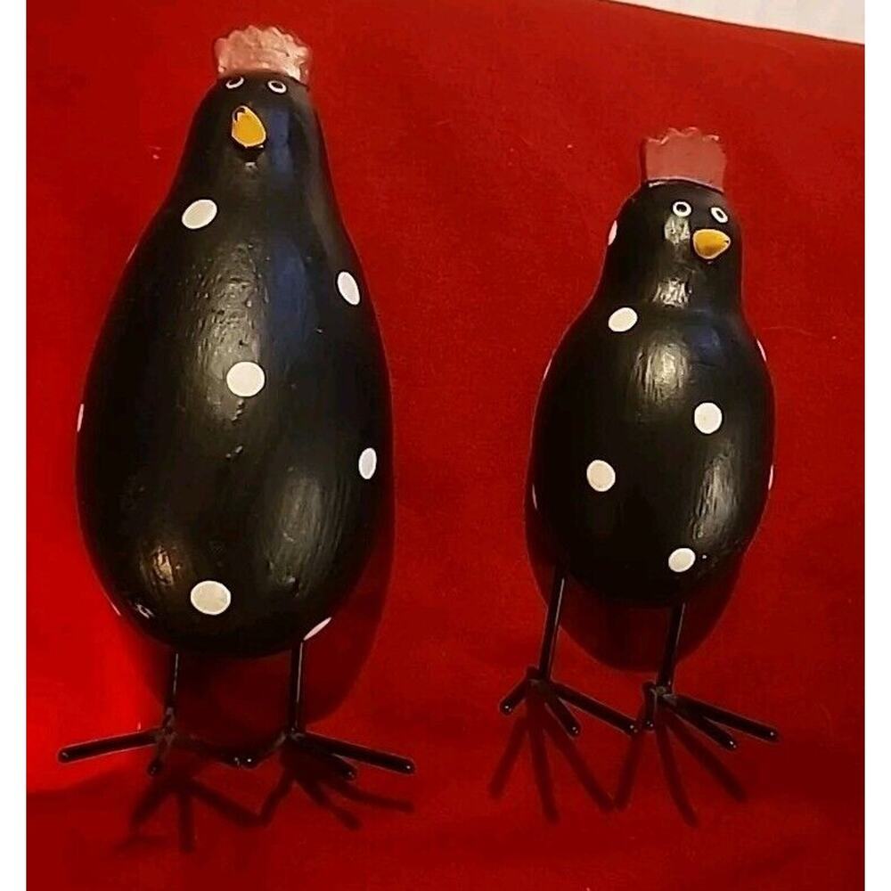 2 Chickens Rooster Black White Polka Dots Wood Cottagecore Cute